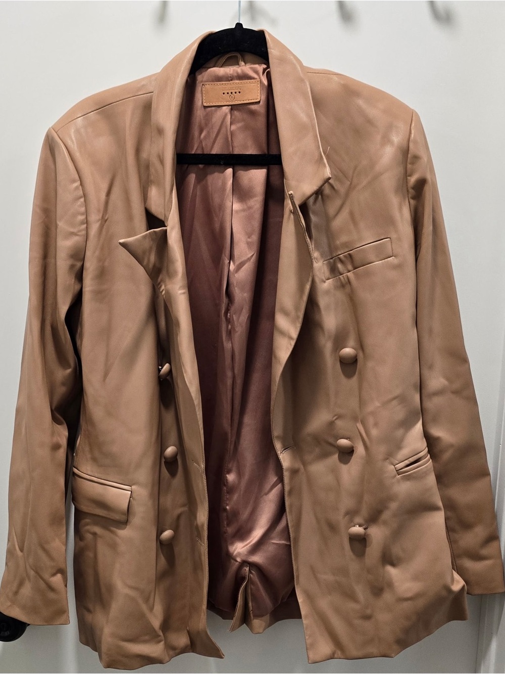 Blank NYC Double-Breasted Vegan Leather Blazer in Taupe